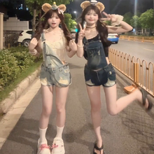 美式复古水洗破洞牛仔背带短裤女2025夏季新款小个子收腰显瘦热裤