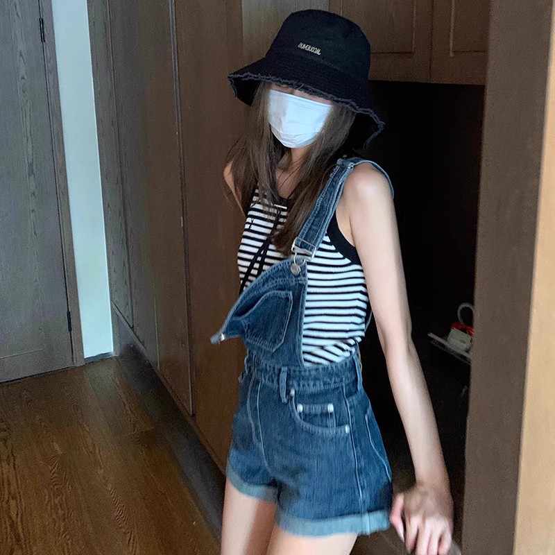 韩系复古破洞小个子牛仔背带裤女图片