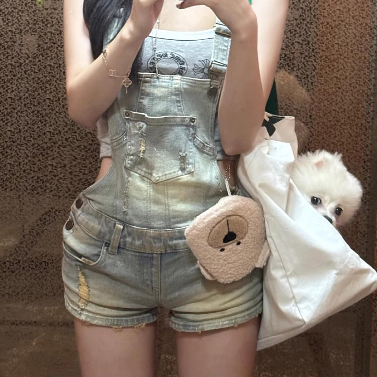美式复古做旧破洞牛仔背带短裤女夏季辣妹设计感包臀紧身连体裤子