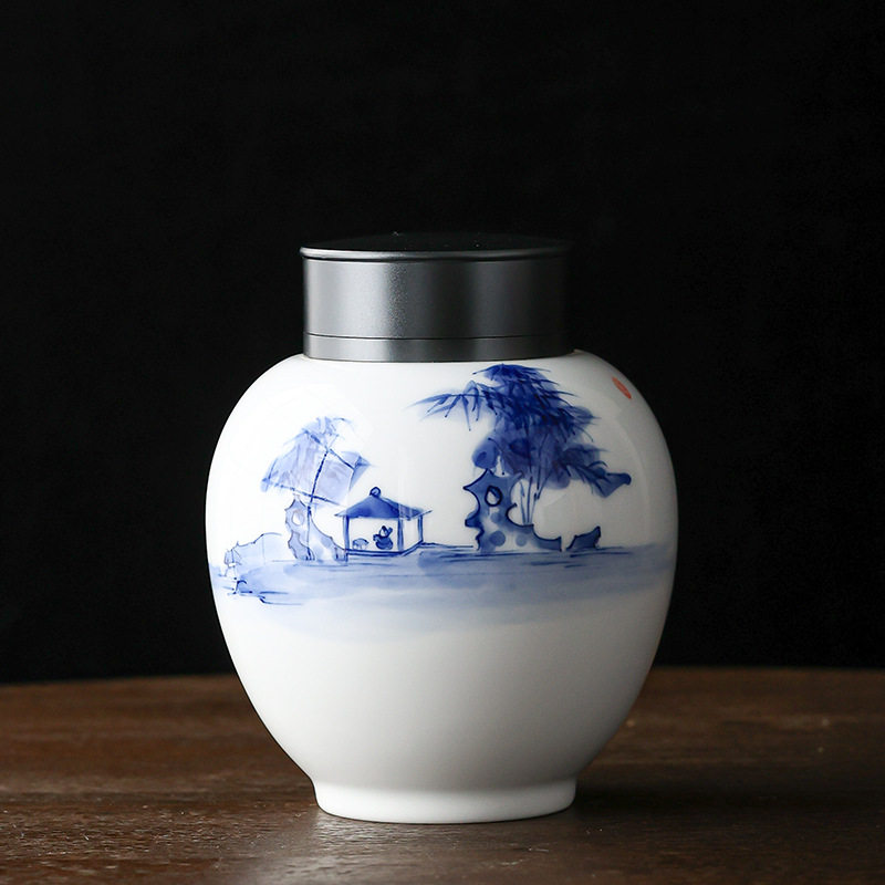 纯手绘竹林茶舍茶叶罐防潮密封储存罐子精品高档便携陶瓷装茶