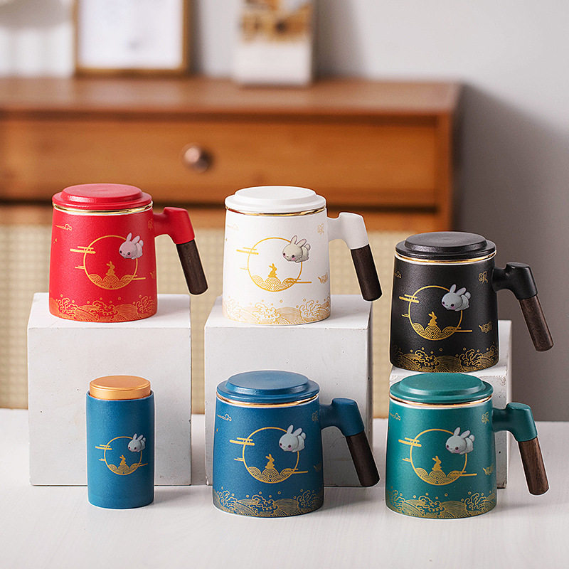 中秋玉兔陶瓷马克杯茶水分离泡茶杯三件套办公杯子印公司logo雕刻