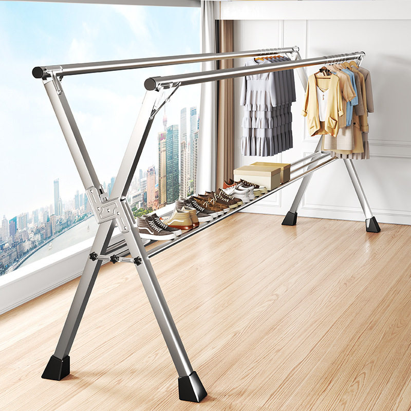 挂晒衣架落地阳台晾被室外卧室不锈钢伸缩双杆折叠晾衣架落地