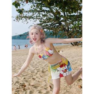 hellokitty泳衣海邊度假三件套kt貓比基尼微胖女孩遮肚溫泉連衣裙