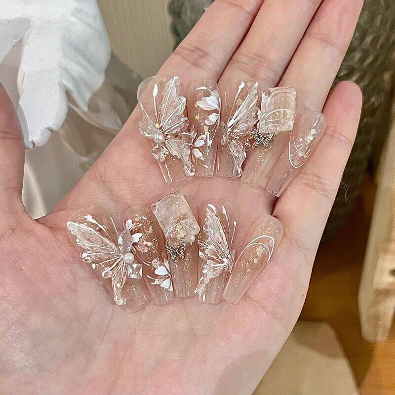 冰晶蝴蝶穿戴甲重工轻奢穿戴美甲高级亮片可拆卸指甲甲片美甲382