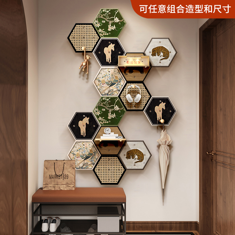 diy洞洞板造型墙置物架实木中古风入户玄关收纳展示架门口衣帽架