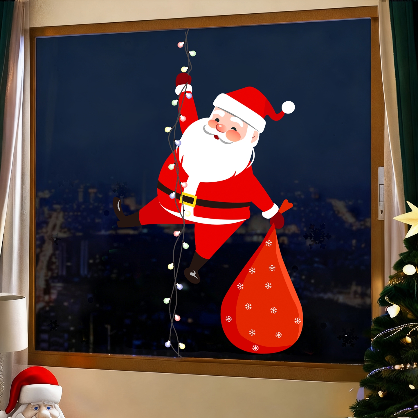 圣诞节装饰窗贴老人图案花