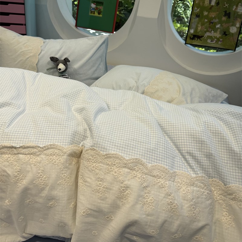 水洗棉简约花边浅蓝格子床上四件套全棉1.5m1P.8米公寓被套三件套