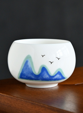 爱江山羊脂玉白瓷主人杯功夫茶具陶瓷贴花蓝色千里江山家用品茗杯