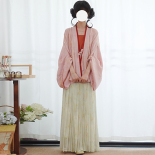 梦桑塔大码汉服【桃叙】夏季褶衣浮光锦成人微胖女生日常粉色套装