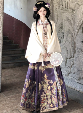 梦桑塔新品汉服冬季加绒丝绒明制对襟短袄保暖马面裙妆花蝴蝶紫色