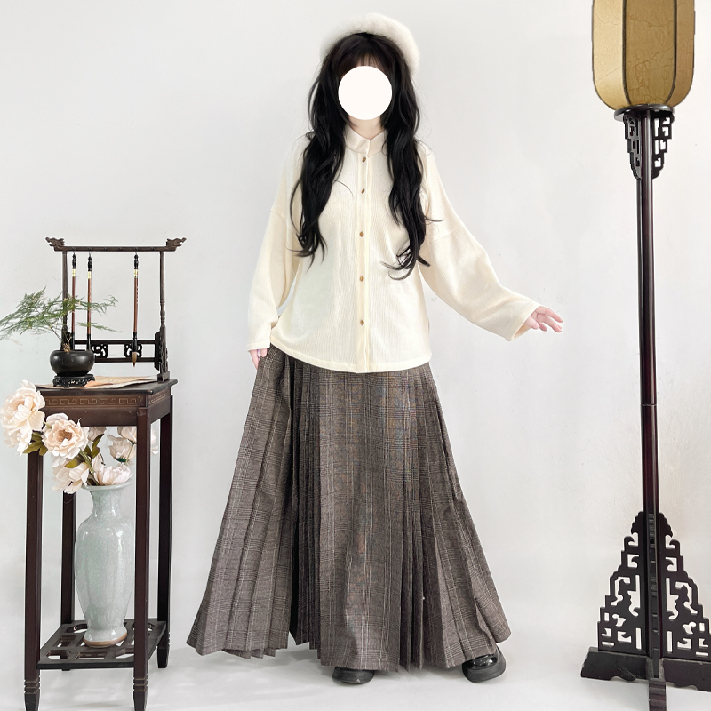 梦桑塔【栗秋】明制弓袋袖大码汉服日常可穿保暖秋冬季格子马面裙