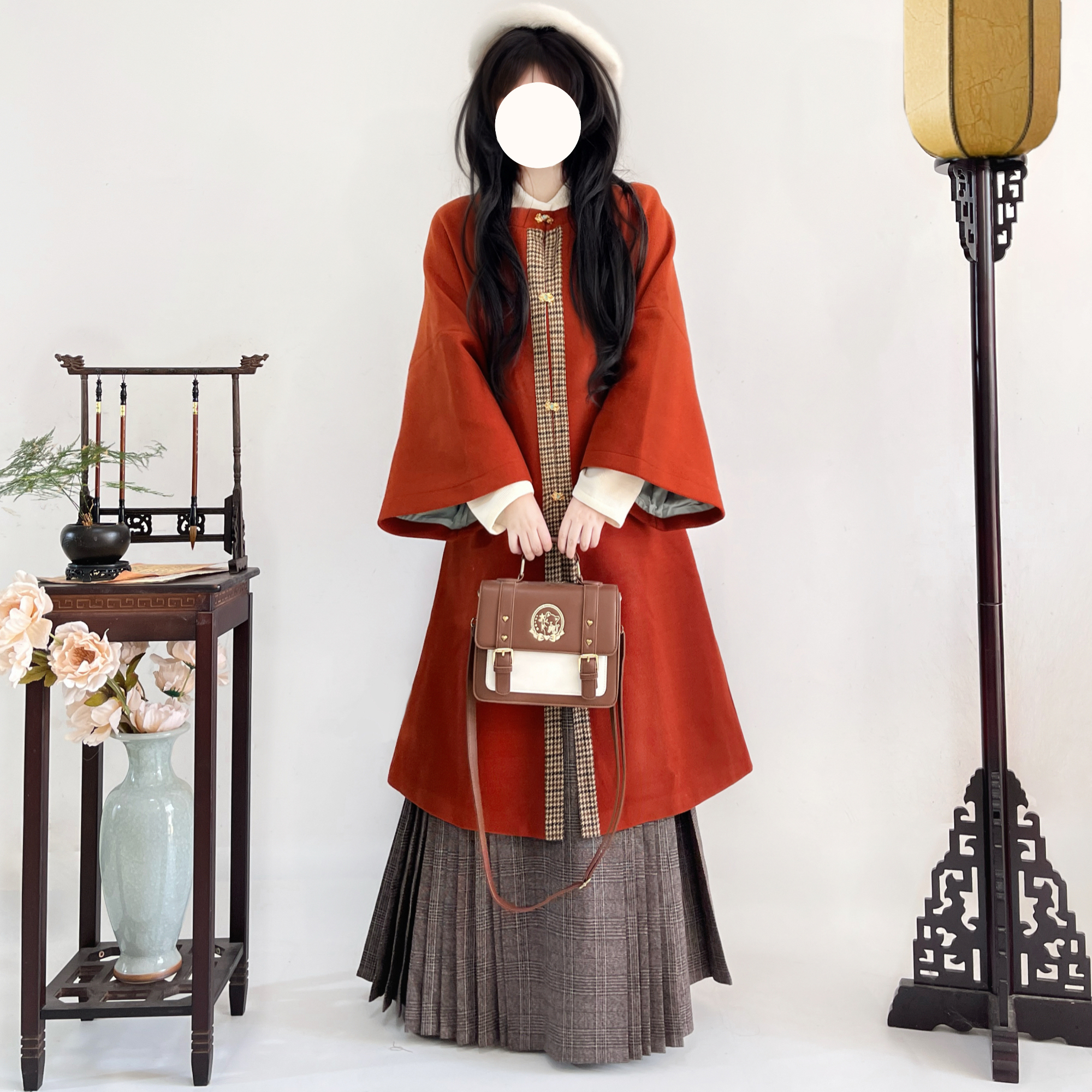 梦桑塔大码汉服【赤霞】秋冬季长披袄明制方领对襟毛呢红色马面裙