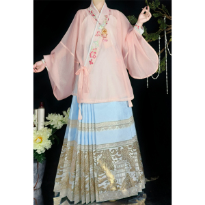 清仓汉服新品对交穿琵琶袖大码马面裙浅蓝色夏季复古国风现货
