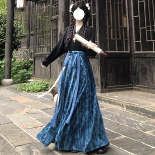 梦桑塔【蓦竹】汉服大码丝绒破裙提花竹子秋冬款2025新品蓝色破裙