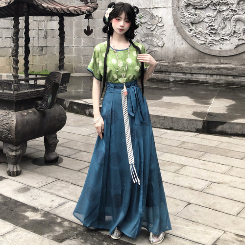 梦桑塔【天青语】圆领衫夏季新品大码唐制汉服胖MM八破裙改良绿色