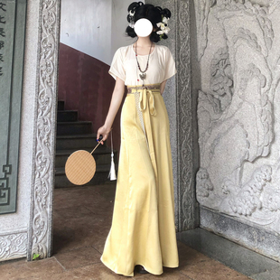 梦桑塔汉服新品唐朝短褙子日常夏季胖MM黄色古风一片式破裙带兜女