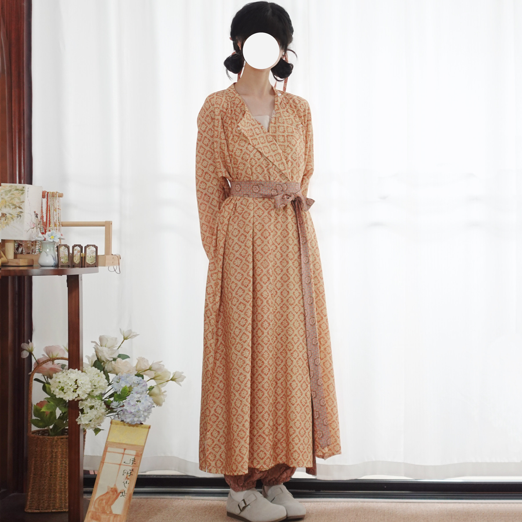梦桑塔汉服大码夏季圆领袍配灯笼裤胖MM透气显瘦日常复原人棉女款图片