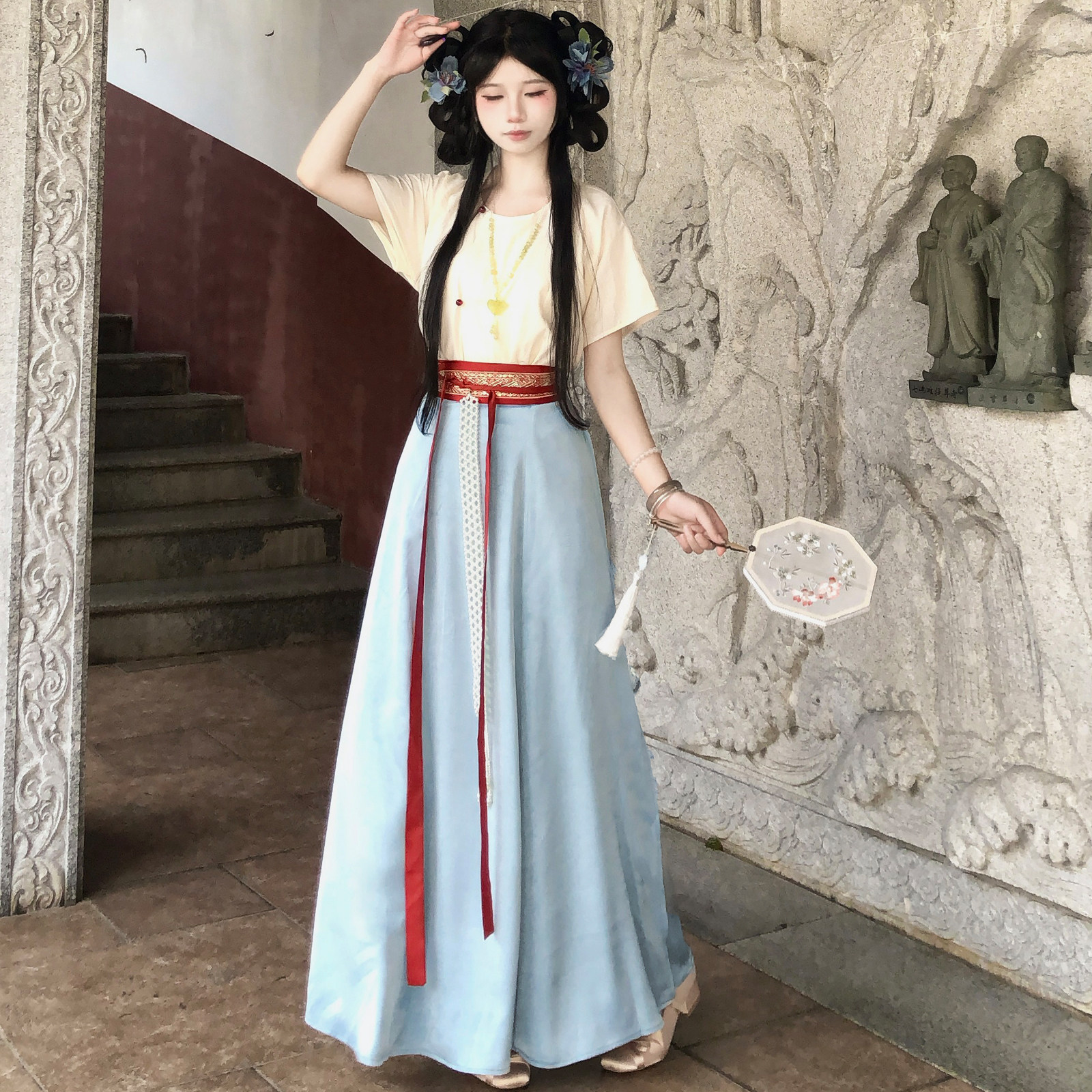 梦桑塔【四时】汉服唐朝一片式带兜破群改良浅蓝色大码胖MM显瘦女