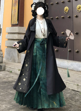 梦桑塔汉服春季新品黑色唐制披袄风衣改良带兜织金马面裙大码显瘦