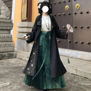 梦桑塔汉服春季新品黑色唐制披袄风衣改良带兜织金马面裙大码显瘦