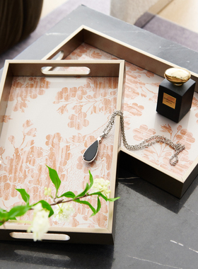 现代简约繁花金色托盘墨韵波纹黑色装饰盘客厅茶几长形圆形收纳盘