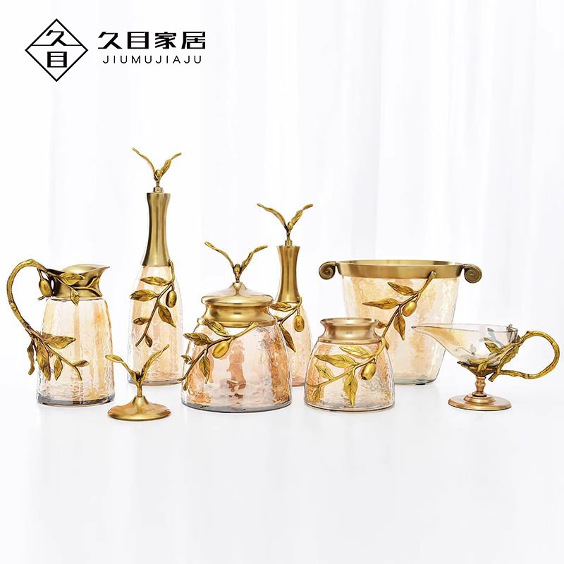 金属盖子带枝叶储物罐桌面收纳罐
