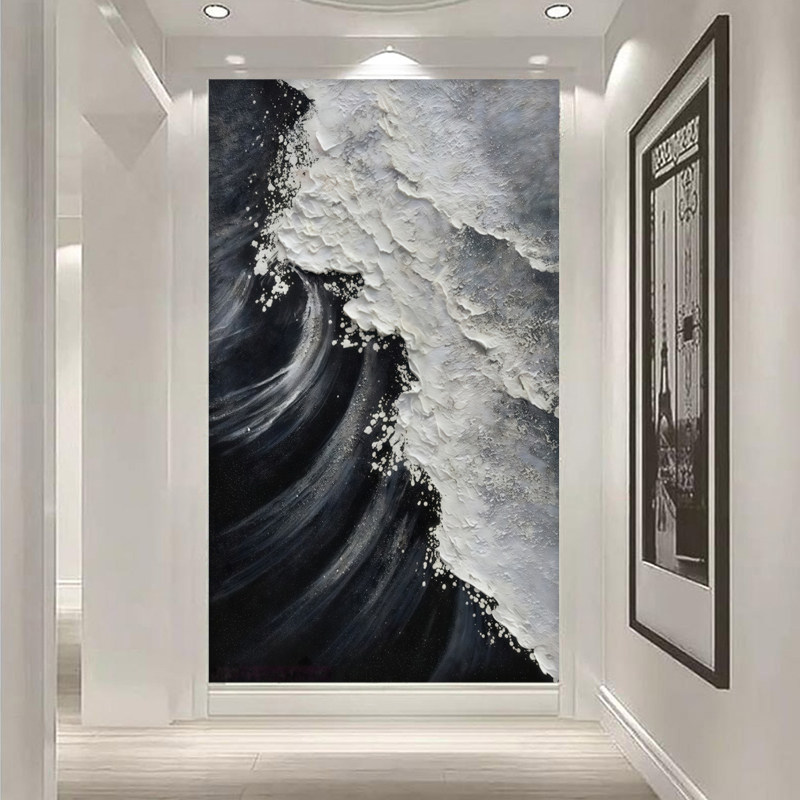 黑白极简海浪玄关墙布入户墙壁纸抽象艺术走廊过道壁画简欧防潮3d