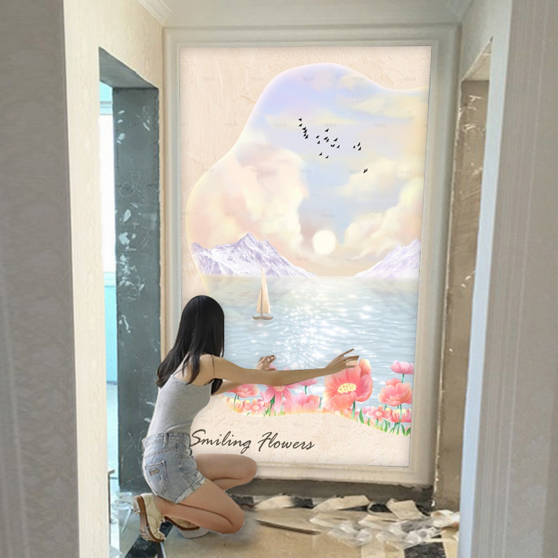 北欧奶油风玄关背景墙壁纸3d小清新风景现代走廊过道墙布餐厅防潮