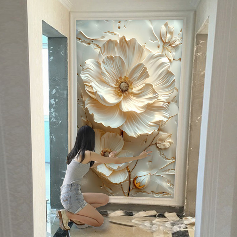 花卉奶油风浮雕3d立体感玄关壁纸抽象温馨入户正对门壁画餐厅墙布
