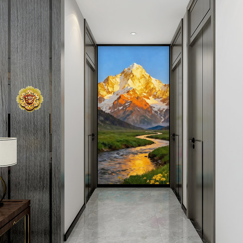 日照金山玄关风景墙布治愈系餐厅装饰画走廊过道西墙壁画小红书