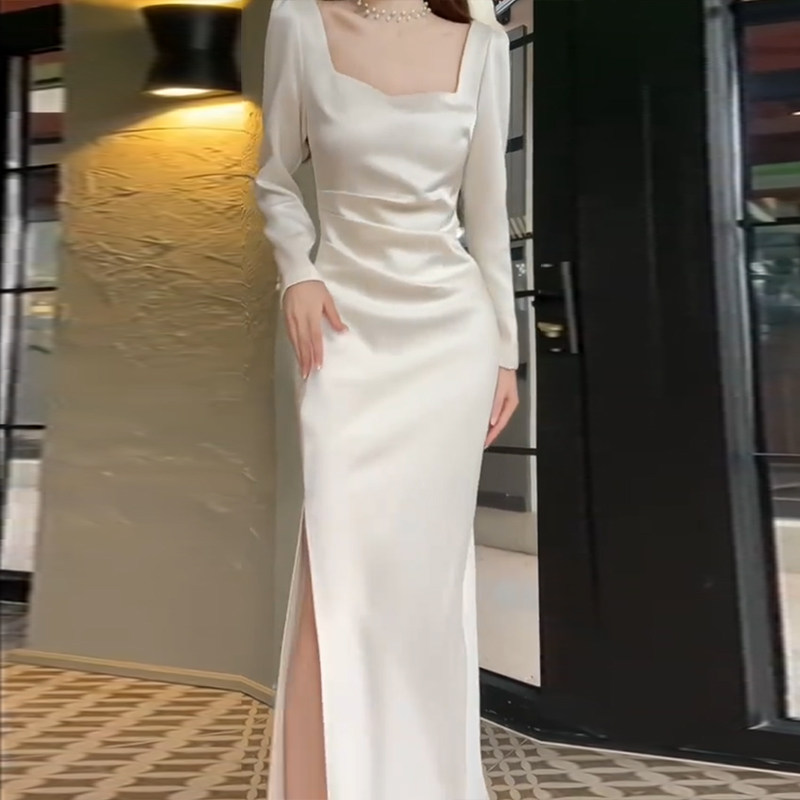 긴팔 라이트 웨딩드레스 하이엔드 스퀘어넥 새틴 신부 피쉬테일 웨딩드레스 한국식 심플한 여성용 약혼드레스
