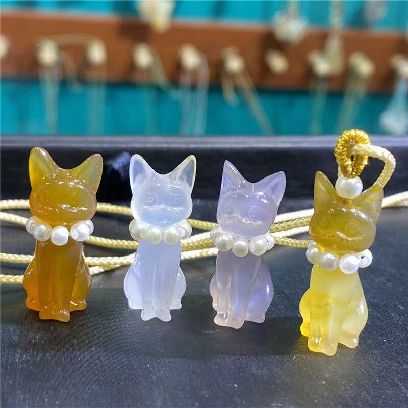 精品高冰玛瑙公主猫露娜猫玉髓吊坠玉石挂件项链宝石毛衣链饰品