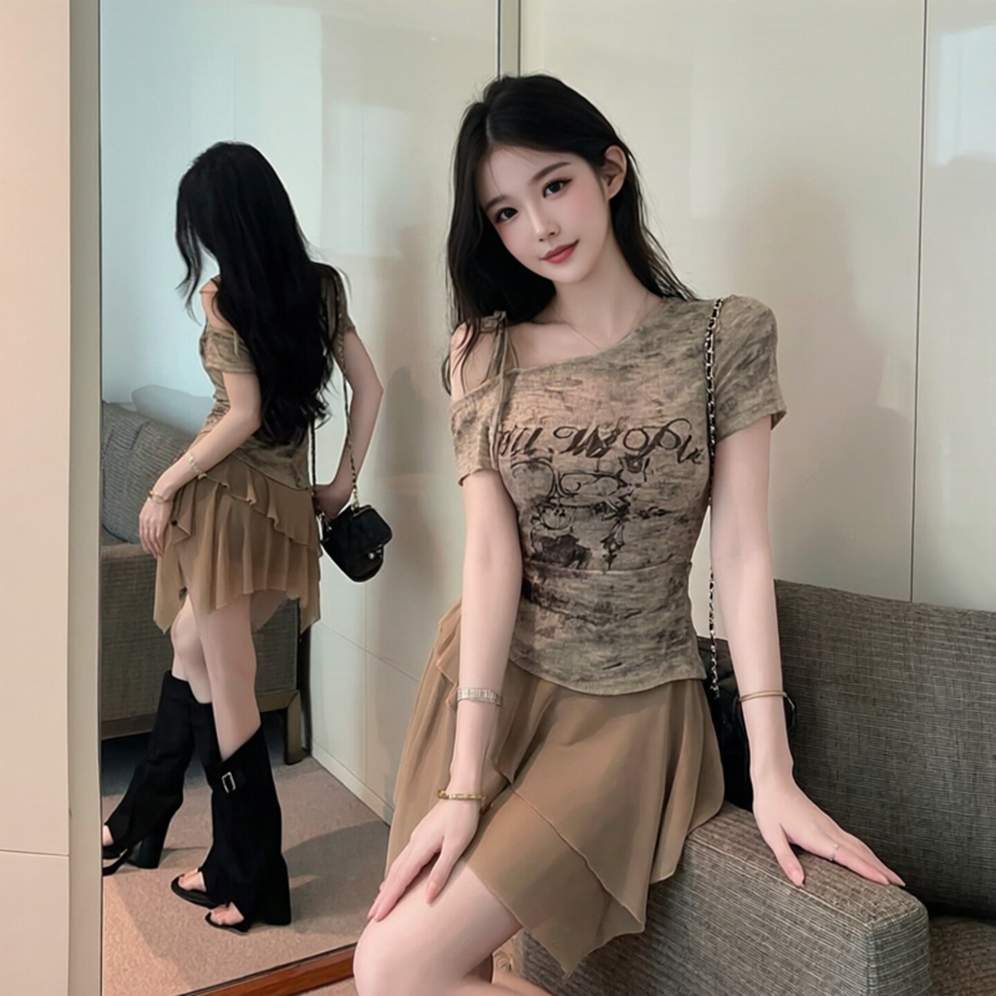 夏季美式辣妹斜肩露肩包臀连衣裙