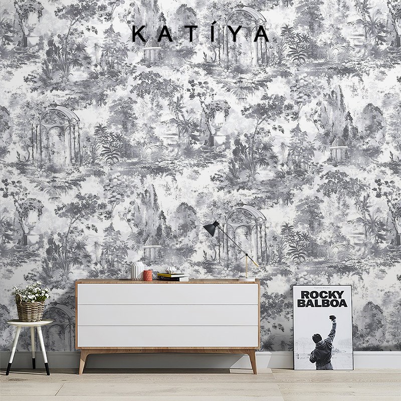 现货速发Katiya法式手绘壁纸复古墙布装饰别墅电视背景墙客厅壁画图片