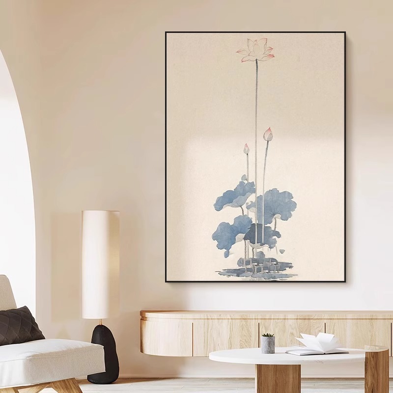 现货速发大芬油画村新中式客厅荷花装饰画入户玄关禅意植物风景背图片