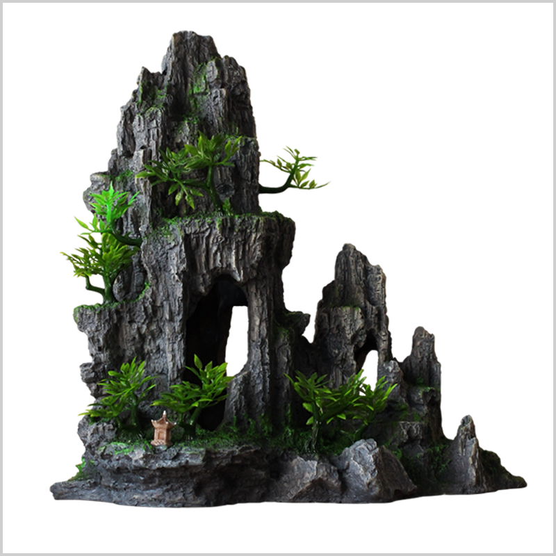 鱼缸造景 假山造景石头装饰水草灰色仿真青龙石躲避 山洞摆件套餐