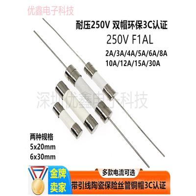 5*20mm/6*30mm带引线脚陶瓷保险丝管快断F0.5A/1A/5A/10A-30A250V