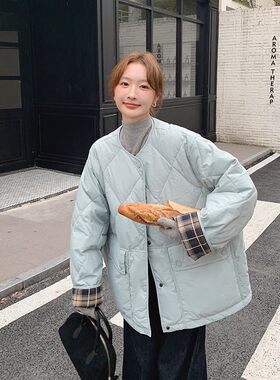 外贸圆领格子拼接羽绒棉服女2025年新款轻薄短款小个子宽松棉袄潮
