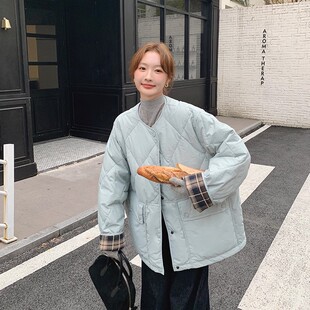 外贸圆领格子拼接羽绒棉服女2025年新款轻薄短款小个子宽松棉袄潮