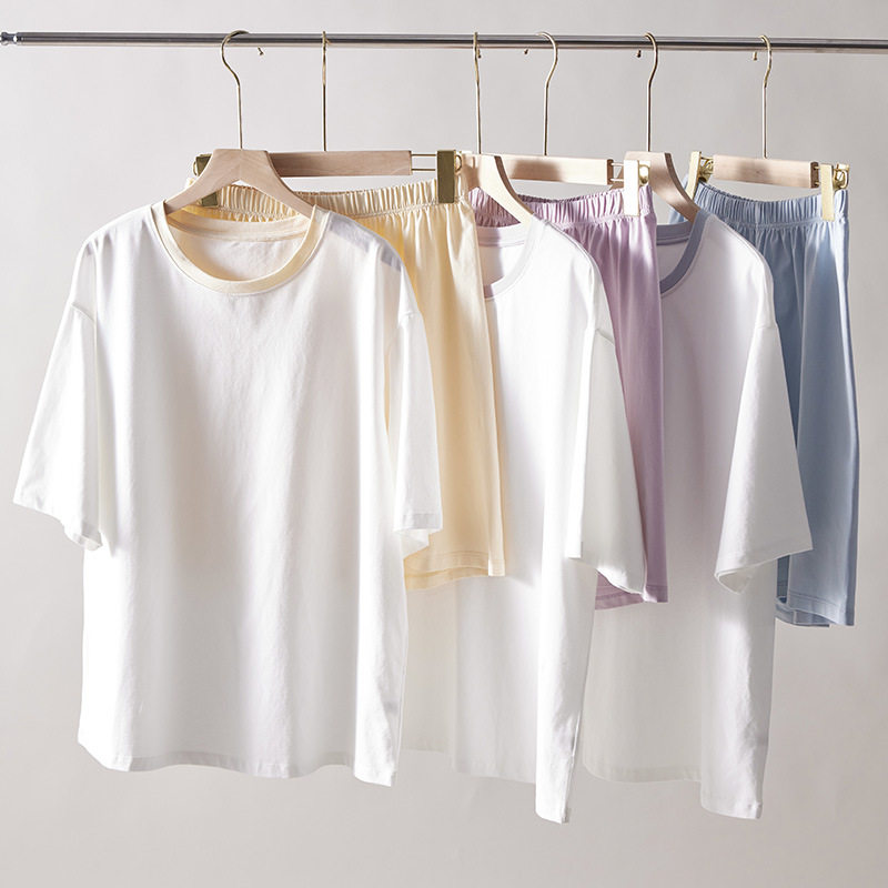 加工定制春夏短袖棉家居服女亲肤舒适休闲睡衣小个子撞色简约套装