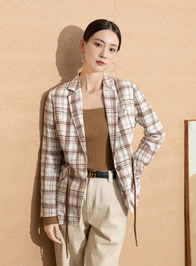亚麻格子西装外套女春季2025新款小众设计感小个子休闲西服