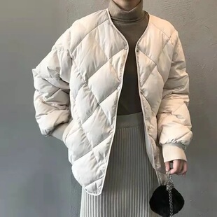 跨境日韩菱格棉服女冬季女装面包服爆款设计感无领短款棉衣外套