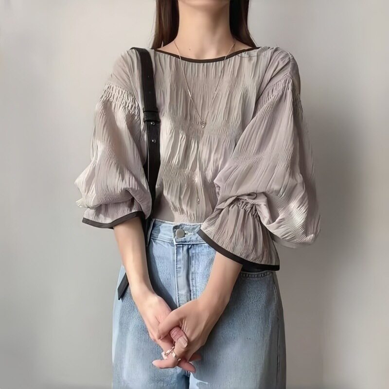 跨境日韩夏季新款女装褶纹压褶百搭雪纺衫后绑带喇叭袖长袖上衣