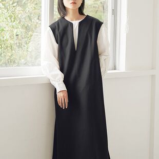 实拍乐天新品 春秋4色呢子大衣女式V领纯色无袖马甲连衣裙外搭款