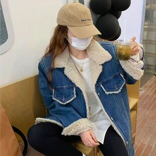 跨境韩版时尚复古牛仔羊羔毛外套女秋冬宽松保暖加厚牛仔棉服外搭