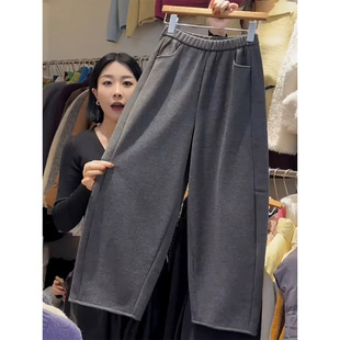 灰色阔腿弯刀运动卫裤女秋冬新款毛呢小个子九分休闲哈伦奶奶裤子