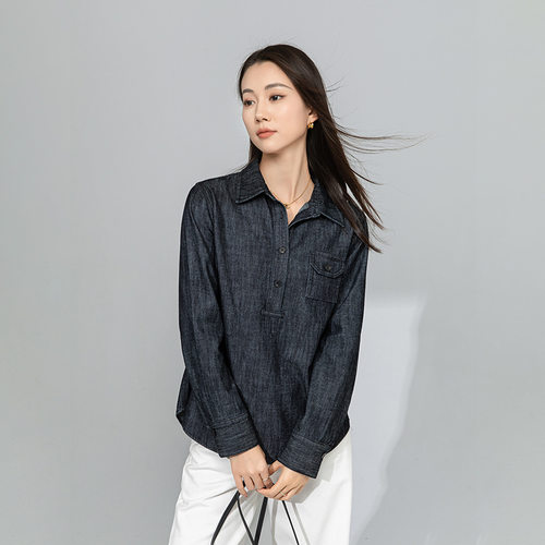 鑫阁简约又f有设计感袖口开叉深V翻领宽松显瘦蓝灰牛仔套头长袖衬