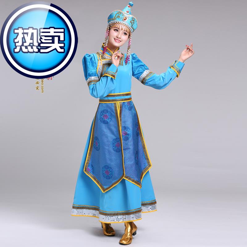 蒙古族舞蹈演出服装传统女士蒙j古袍长款大裙摆表演服迎宾服红蓝