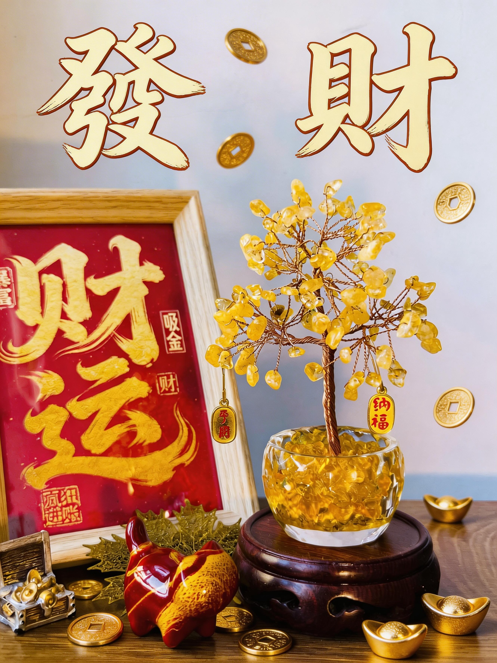 天然黄水晶发财树摆件客厅办公室桌面装饰品乔迁开业礼物工位暴富