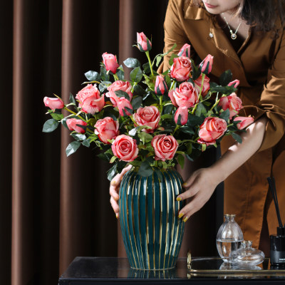 高档轻奢玫瑰花仿真花艺客厅摆件装饰干花花束电视柜餐桌假花插花